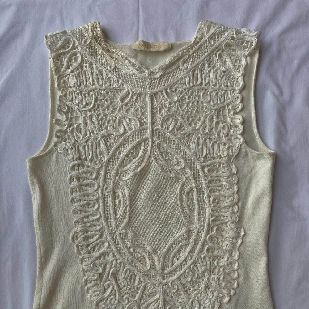 Valentino Vintage Ivory White Crochet Tank Top, Bohemian Style, Size M.